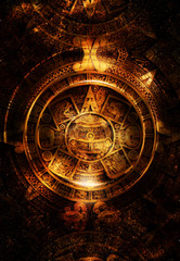 Fototapeta na wymiar Ancient Mayan Calendar, Cosmic space and stars, abstract color Background, computer collage.