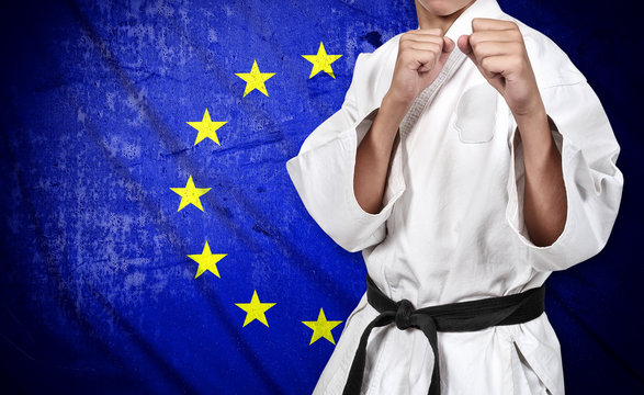 karate fighter and european union flag