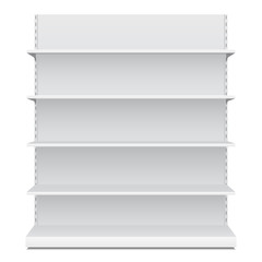 White Long Blank Empty Showcase Displays With Retail Shelves Front View 3D Products On White Background Isolated. Ready For Your Design. Product Packing. Vector EPS10 - 99660084