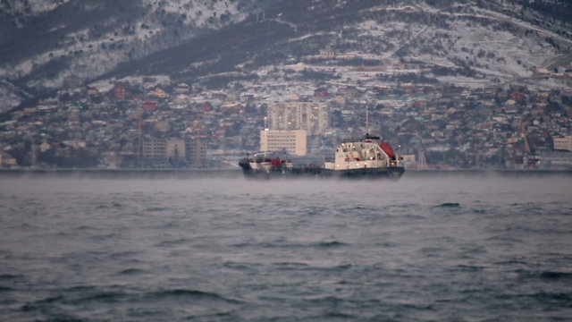 The ship in the black sea in winter
