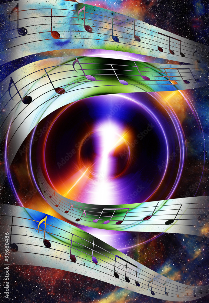 Poster music note and silhouette music speaker and space with stars. abstract color background. music conce