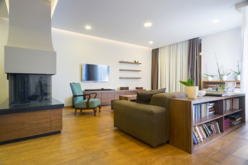 Interior of a modern living room with fireplace