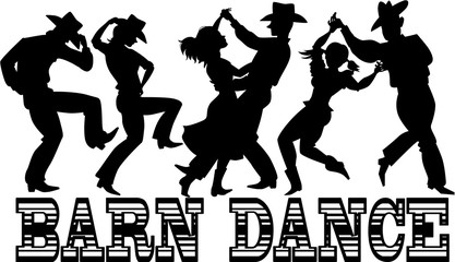 Black vector silhouette of three couples in western style clothes dancing, banner Barn Dance at the bottom, no white objects, EPS 8