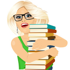 blonde woman hugging stack of books happily