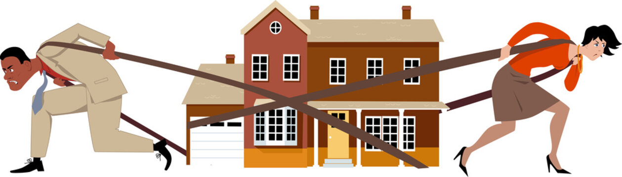 Man And Woman Pulling A House Apart As A Metaphor For A Divorce And Division Of Assets, EPS 8 Vector Illustration, No Transparencies