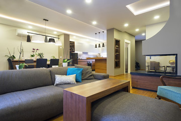 Interior of a open space apartment with fireplace