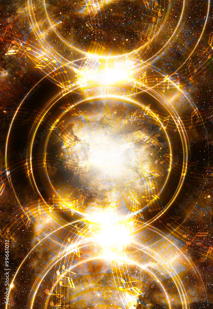 Poster music note and space and stars with abstrtact color background.