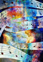music note and abstrtact color background. spots background. - obrazy, fototapety, plakaty