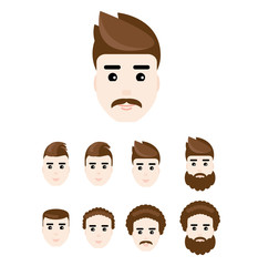 Beautiful young man in different hairstyle. Set of faces, vector, eps10.