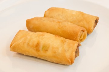 Fried Chinese Spring Rolls in White Plate