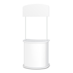 White POS POI Blank Empty Retail Stand Stall Bar Display With Banner. On White Background Isolated. Mock Up Template Ready For Your Design. Product Packing Vector EPS10