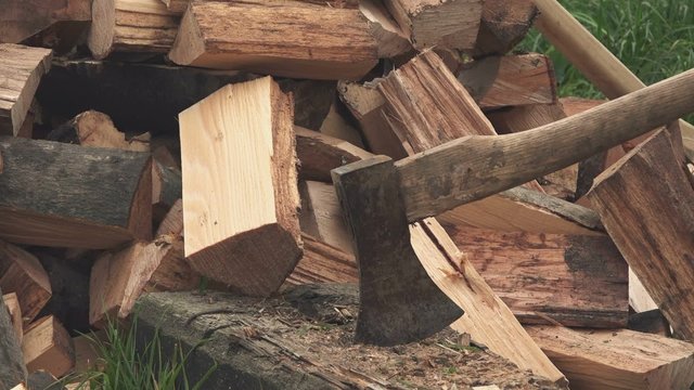 Male lumberjack chopping firewood with axe in backyard