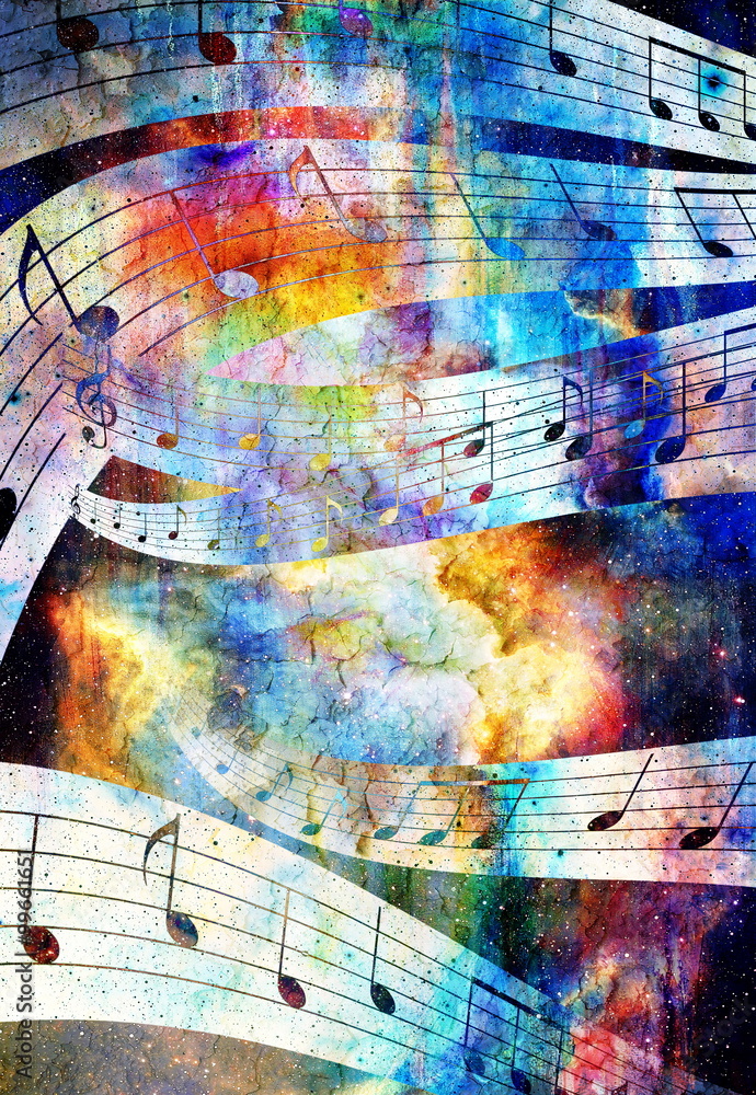 Poster music note and space and stars with abstrtact color background.