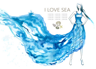 Obraz na płótnie Canvas Fashion model woman with blue sea dress. Abstract vector illustration, EPS 10.