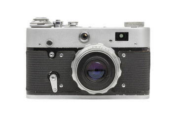 Old film camera with lens, isolated on white background