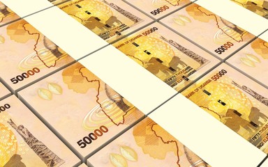 Fototapeta na wymiar Ugandan shillings bills stacks background. Computer generated 3D photo rendering.