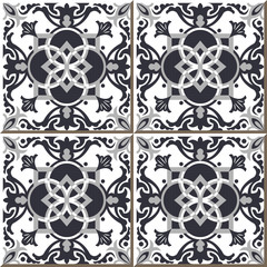 Vintage seamless wall tiles of gray round square cross, Moroccan, Portuguese.
