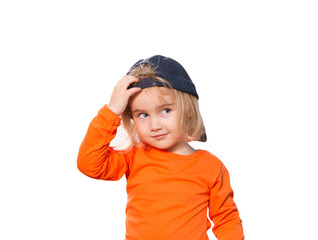 Little Funny girl in baseball cap and orange blouse - 99664672