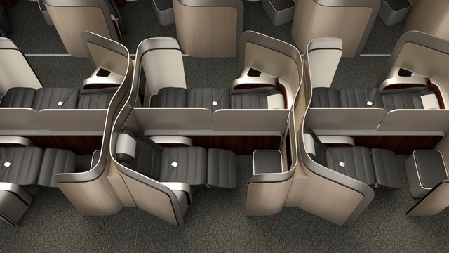 Luxurious business class cabin interior with metallic gold partition.  3D animation in original design.