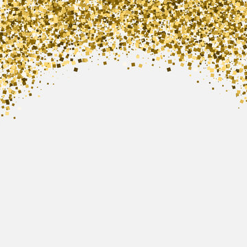 Gold glitter shimmery heading. Invitation card or flyer with sparkling top on white background.