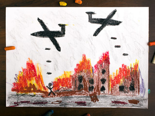 rysunek dziecięcy przedstawiający nalot bombowy 

 - obrazy, fototapety, plakaty
