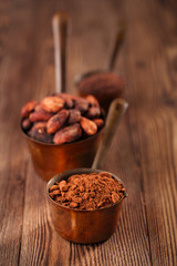 grated chocolate, powder and cocoa beans