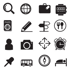 Traveling and transport silhouette icons set