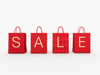 Red shopping bags and SALE text isolated on white background