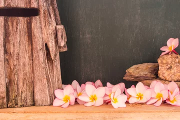 Fotobehang plumeria with wood windmill and chalkboard background for some idea © patrapee5413