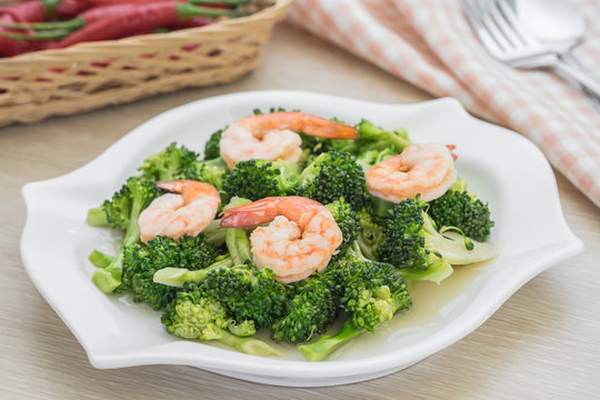 Stir fried broccoli with shrimp on plate