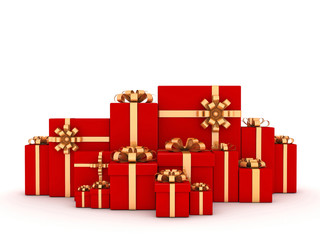 Red Christmas Presents  with gold bow on white background