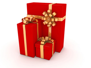  Three Red Gift boxes with Gold Bow on White Background