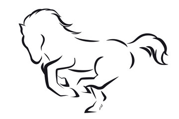 Minimalistic design with outline prancing horse on a white background.
