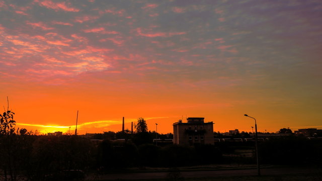 Beautiful Sunrise Over Train station. Time Lapse. 4k