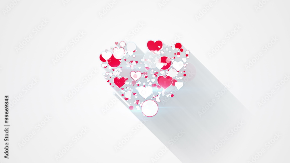 Poster red white heart shape with long shadows loop animation 4k (4096x2304)