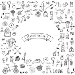 Hand drawn doodle Love and Feelings collection Vector illustration Sketchy Love icons Big set of icons for Valentine's day, Mothers day, wedding, love and romantic events Hearts hands cupid bouquet