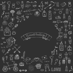 Hand drawn doodle Love and Feelings collection Vector illustration Sketchy Love icons Big set of icons for Valentine's day, Mothers day, wedding, love and romantic events Hearts hands cupid bouquet