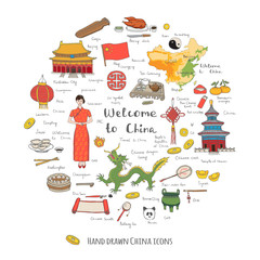Hand drawn doodle China icons collection Vector illustration Sketchy Chinese icons set Big set of icons for Welcome to China Concept Tea Ceremony Chinese food National costume Lantern Dim Sum Dragon