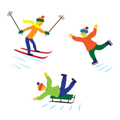Children with ice skates, skis and sledges.
