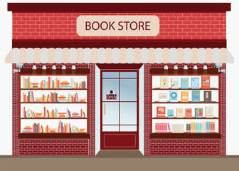 Bookstore with bookshelves. - obrazy, fototapety, plakaty