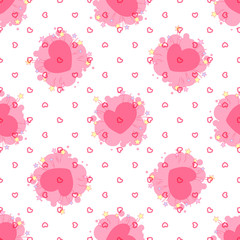 Seamless pattern with a pink blots and a heart sign on a white b