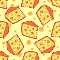 Seamless pattern with a slice of cheese on a light yellow backgr