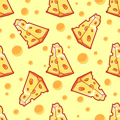 Seamless pattern with a slice of cheese on a light yellow backgr