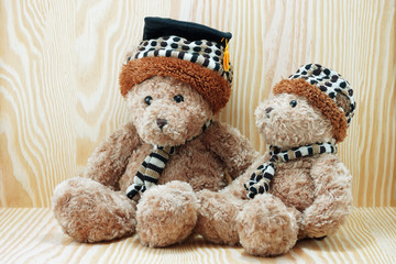 two brown bear doll wood background