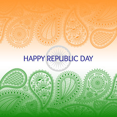 Greeting card with paisley elements. Text happy republic day and flag of India. Orange, green and blue colors.