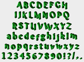 Green isometric font on gray background. Alphabet, numbers and punctuation marks. Vector illustration