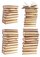  set stack of old books with yellowed pages isolated on white ba