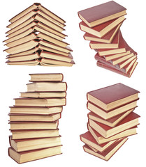  set stack of old books with yellowed pages isolated on white ba