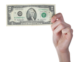 Hands holding two dollar banknote, isolated on white