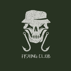 fishing club grunge emblem with skull in panama hat